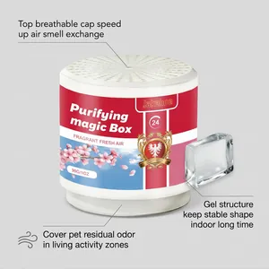 Detailed view of Jakehoe purifying magic air freshener gel box with feature callouts