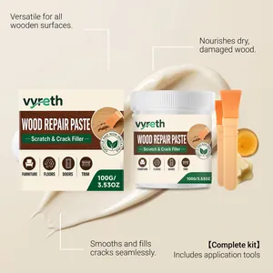 Komplettes Holzreparaturpaste-Set mit 100g Glas, Pinseln und Verpackung.