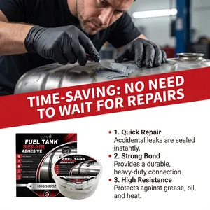 Detail showing vyreth fuel tank repair adhesive applied to a metal surface for leak sealing