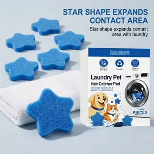 Detailed view of reusable star-shaped blue pet hair catcher pads for laundry with box