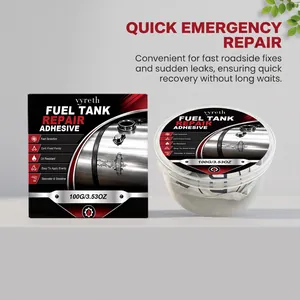 Close-up view of vyreth 100g multipurpose fuel tank repair adhesive packaging and jar.