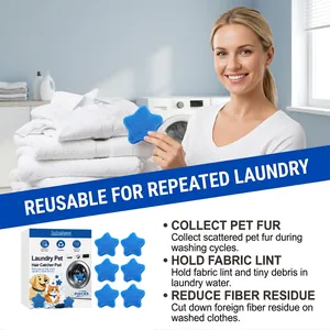 Detail showing 6 star-shaped blue pet hair catcher pads with usage benefits illustration