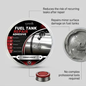 Detailed view of Vyreth fuel tank repair adhesive paste and 100g industrial sealant packaging