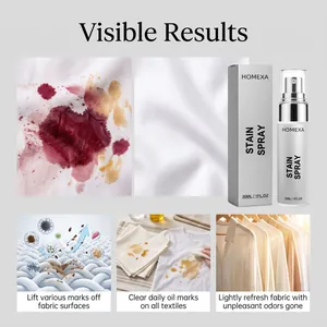Detail showing HOMEXA stain spray removing tough fabric marks and refreshing clothes.