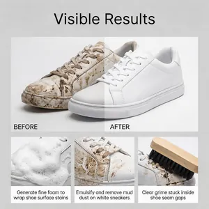 Detail showing before and after cleaning effects of shoe foam cleaner on white sneakers