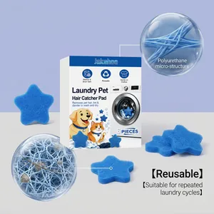 Close-up of blue star-shaped pet hair catcher pads showing trapped hair in laundry