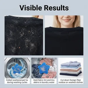 Detailed view of star-shaped laundry sponge collecting pet hair in washing machine.