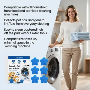 Set of star-shaped laundry pet hair catcher pads shown in a laundry room setting