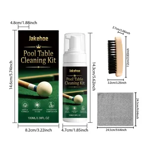 Detailed dimensions of pool table cleaning kit including 100ml foam, brush and cloth