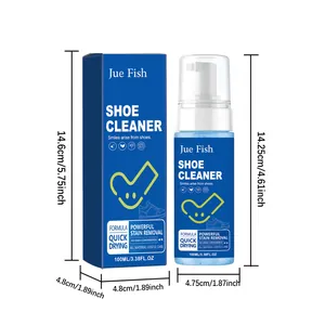 Dimensions détaillées du nettoyant pour chaussures Jue Fish 100ml avec son emballage
