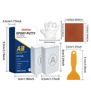 Jakehoe epoxy putty kit details including scraper, sandpaper, and exact dimensions
