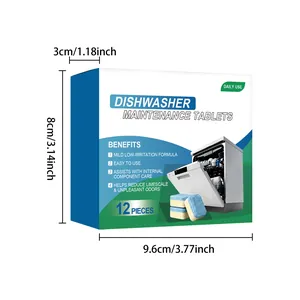 Dishwasher cleaning tablets box showing dimensions 9.6x8x3cm and listed benefits