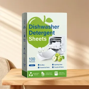 Detail view of 100-piece pack of eco-friendly apple-scented dishwasher detergent sheets.