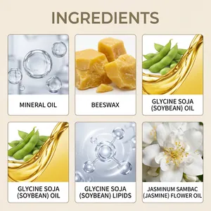 Detail showing ingredients of jasmine essential oil candle like beeswax and soybean oil