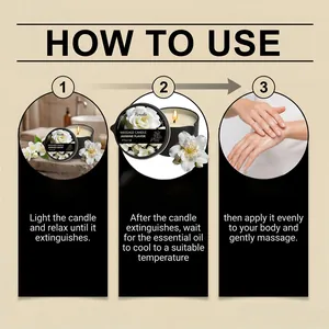 Instructional infographic showing three steps to use jasmine aromatherapy massage candles