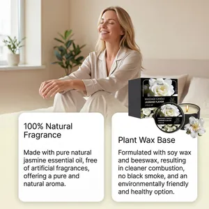 Detail view of jasmine massage candle featuring 100% natural soy wax base ingredients