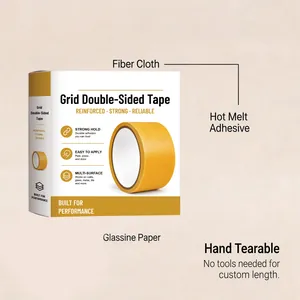 Detailansicht des gelben Gitter-Doppelklebebands mit Materialschichten und Reißfunktion