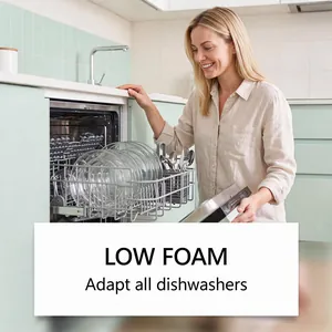 Woman using dishwasher with low foam cleaning tablet for all household dishwashers.