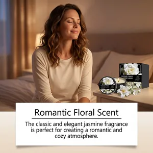 Relaxing jasmine scented massage candle in bedroom setting for cozy atmosphere