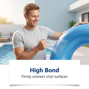 High-bond transparent waterproof repair patch applied on a blue inflatable swimming ring.