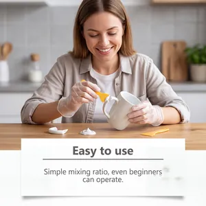 Woman using white ceramic repair paste to fix a broken mug handle at home