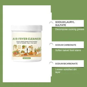Detail view of air fryer cleaner powder ingredients and grease cleaning functions
