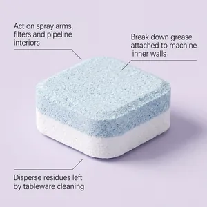 Close-up of dual-layer blue and white dishwasher cleaning tablet with feature labels
