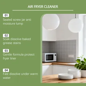 Infographic detail showing 4 key features of air fryer cleaning powder in a kitchen.