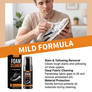 Action shot of Jue Fish sneaker foam cleaner removing tough stains from shoe uppers