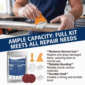Comprehensive steel reinforced epoxy repair kit showing application on a metal pipe