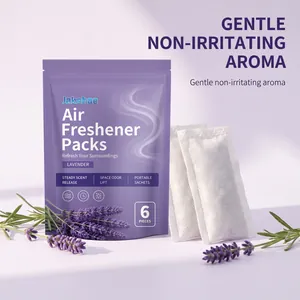 Macro detail showing Jakehoe lavender scented air freshener sachets and packaging.