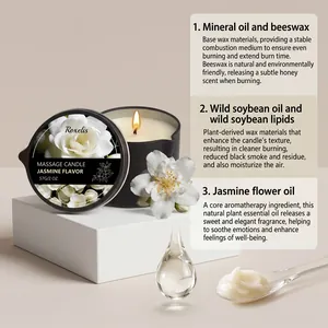 Close-up of a lit jasmine massage candle with aromatherapy ingredients and essential oil