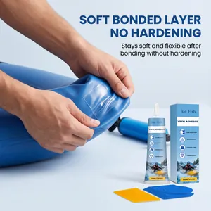 Close-up of transparent vinyl repair patch on blue inflatable showing flexible bonding