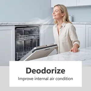 Close-up view of fresh air effect from a clean dishwasher after using cleaning tablets