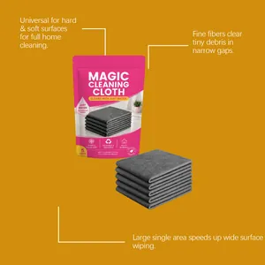 Detail view of soft microfiber cleaning cloth and its pink reusable 5-pack pouch.