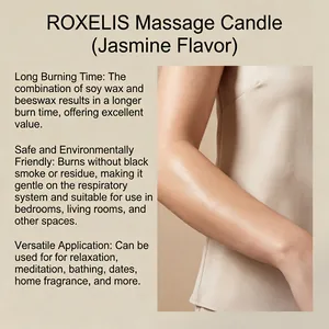 Close-up of jasmine massage candle effect on smooth skin with product features info.