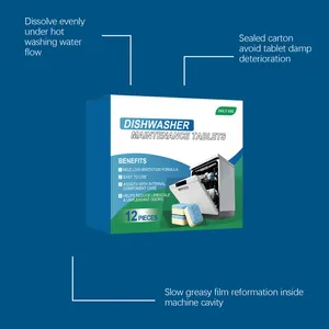Close-up detail of dishwasher maintenance tablets 12 pieces pack with usage benefits