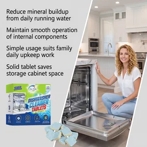 Jue Fish dishwasher cleaner tablets packaging and usage in a modern kitchen setting.