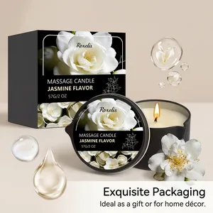 Detail of jasmine massage candle in exquisite packaging for home decor gift.