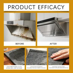 Grey microfiber cleaning cloth showing before and after kitchen grease removal efficacy