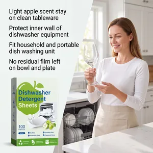 Happy woman holding a sparkling wine glass beside apple-scented dishwasher detergent sheets