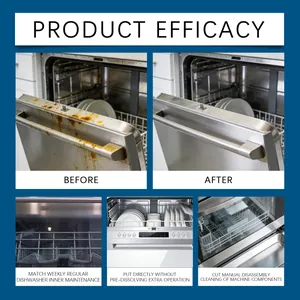 Dishwasher cleaner efficacy details showing before and after deep cleaning results.