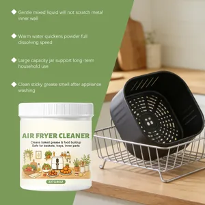 Detail of air fryer cleaner powder jar with usage instructions and clean basket display