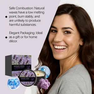 Details einer Lavendel-Massagekerze aus Naturwachs mit eleganter Geschenkverpackung