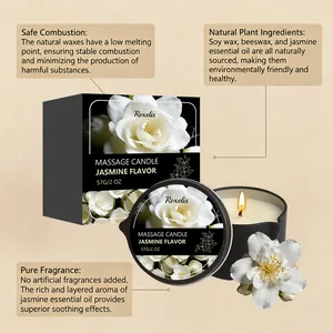 Macro view of jasmine massage candle with packaging and natural ingredients description