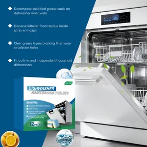 12-pack dishwasher maintenance tablets for removing grease, food residue, and limescale.