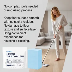 Close-up of floor cleaning sheets shown with a professional mop usage scene.