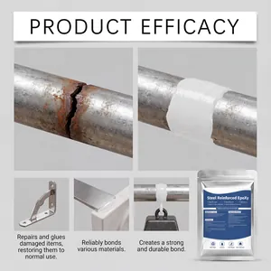 High-strength steel reinforced epoxy glue showing metal pipe repair before and after.