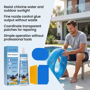Jue Fish vinyl adhesive repair kit with waterproof patches shown in a pool scene