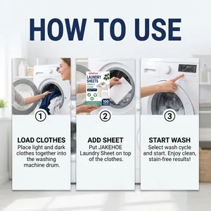 Professional step-by-step instruction guide for using JAKEHOE laundry detergent sheets
